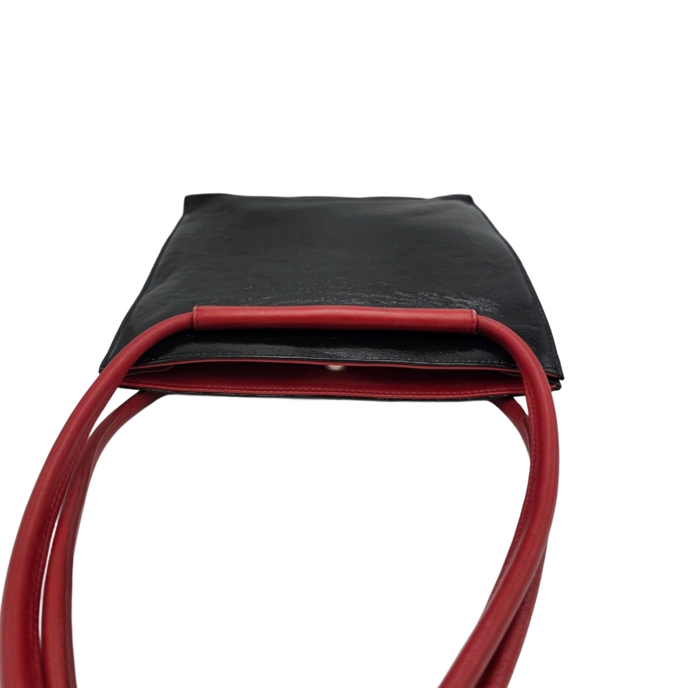 Vintage Amankai Black Leather Tote Red Handles Excellent Cond Attached Pouch - Picture 4 of 9